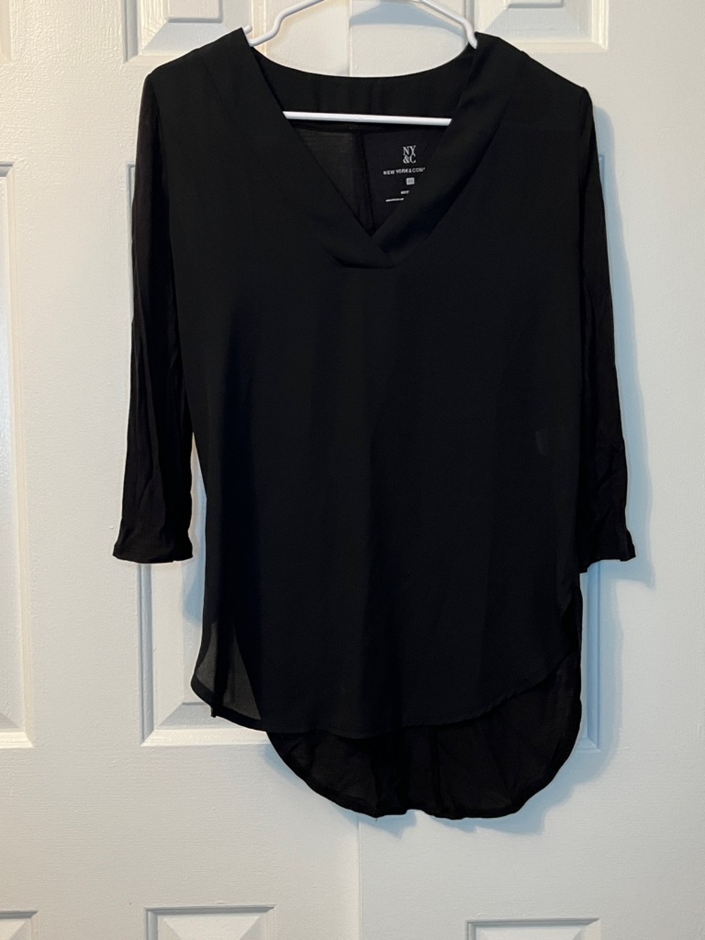 New York & Company Black‎ V Neck Blouse 3/4 Sleeve Roll Up Career Size S